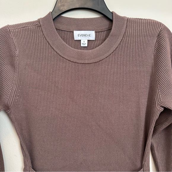 Evereve Ribbed Knit Tie Waist Midi Dress Brown Long Sleeve Size Small Minimalist - Picture 4 of 8